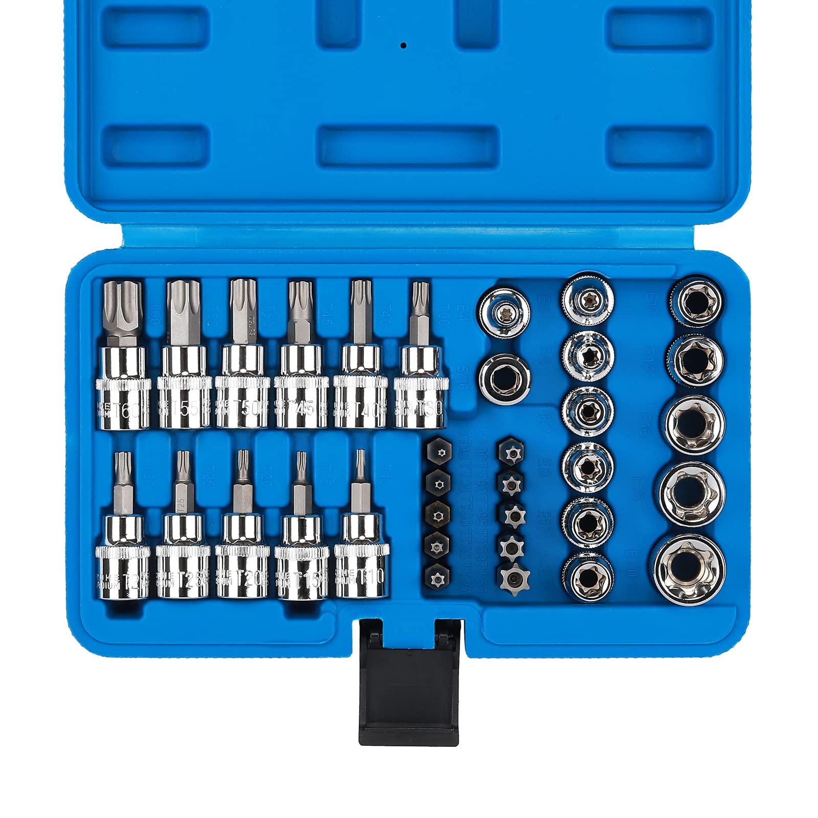 CASOMAN 34 Pieces 3/8-Inch Drive Torx Bit Socket and E-Torx (Star) Socket Set, Cr-V E Socket Set E4-20, S2 Torx Bit Socket Set T10-60, Tamper Proof Torx Bit Set TT10-TT55, 5/16"F to 3/8"M adapter