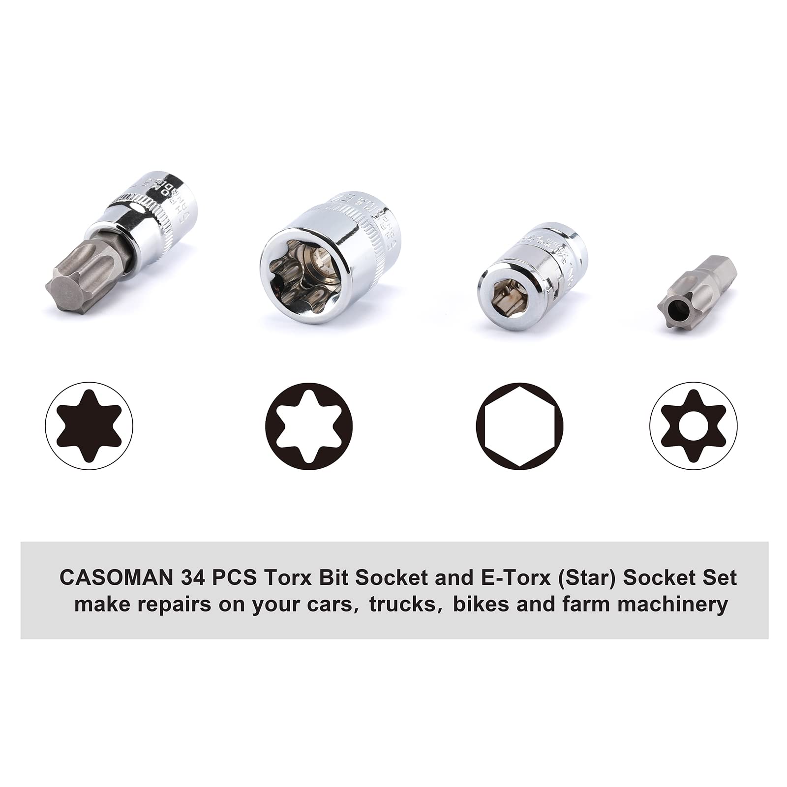 CASOMAN 34 Pieces 3/8-Inch Drive Torx Bit Socket and E-Torx (Star) Socket Set, Cr-V E Socket Set E4-20, S2 Torx Bit Socket Set T10-60, Tamper Proof Torx Bit Set TT10-TT55, 5/16"F to 3/8"M adapter