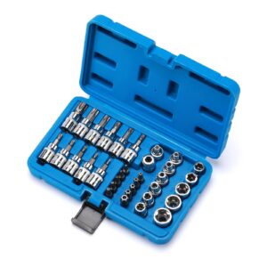 CASOMAN 34 Pieces 3/8-Inch Drive Torx Bit Socket and E-Torx (Star) Socket Set, Cr-V E Socket Set E4-20, S2 Torx Bit Socket Set T10-60, Tamper Proof Torx Bit Set TT10-TT55, 5/16"F to 3/8"M adapter