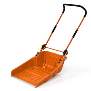 gymax 26” poly sleigh shovel, rolling snow pusher scoop extra large capacity, adjustable angle & easy setup, with ergonomic handle & wheels for driveway, sidewalk, patio (orange)