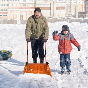 GYMAX 26” Poly Sleigh Shovel, Rolling Snow Pusher Scoop Extra Large Capacity, Adjustable Angle & Easy Setup, with Ergonomic Handle & Wheels for Driveway, Sidewalk, Patio (Orange)