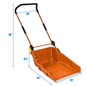 GYMAX 26” Poly Sleigh Shovel, Rolling Snow Pusher Scoop Extra Large Capacity, Adjustable Angle & Easy Setup, with Ergonomic Handle & Wheels for Driveway, Sidewalk, Patio (Orange)