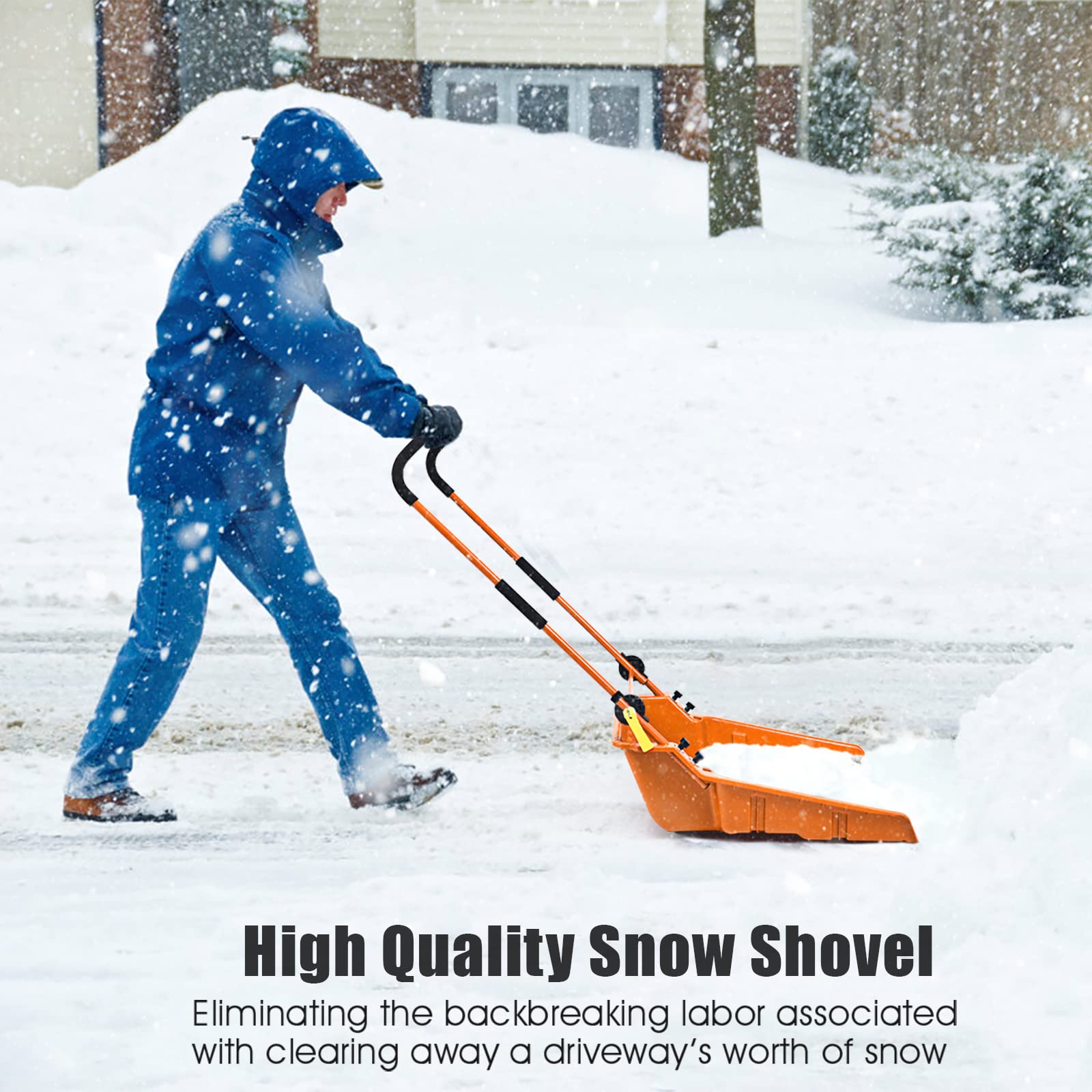 GYMAX 26” Poly Sleigh Shovel, Rolling Snow Pusher Scoop Extra Large Capacity, Adjustable Angle & Easy Setup, with Ergonomic Handle & Wheels for Driveway, Sidewalk, Patio (Orange)