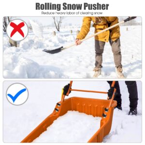 GYMAX 26” Poly Sleigh Shovel, Rolling Snow Pusher Scoop Extra Large Capacity, Adjustable Angle & Easy Setup, with Ergonomic Handle & Wheels for Driveway, Sidewalk, Patio (Orange)