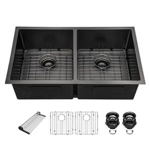 beslend 33 inch black undermount kitchen sink - 33”x19”x10” stainless steel gunmetal black 16 gauge 10 inch deep 50/50 double bowl kitchen sink basin