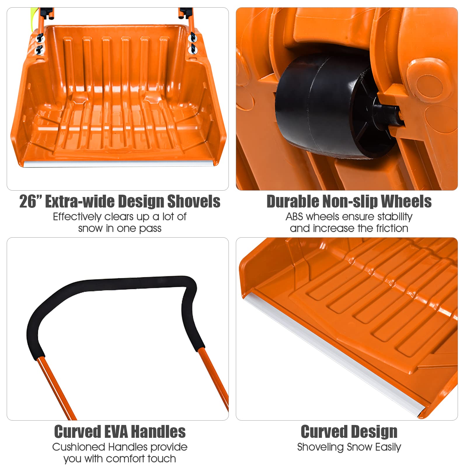 GYMAX 26” Poly Sleigh Shovel, Rolling Snow Pusher Scoop Extra Large Capacity, Adjustable Angle & Easy Setup, with Ergonomic Handle & Wheels for Driveway, Sidewalk, Patio (Orange)