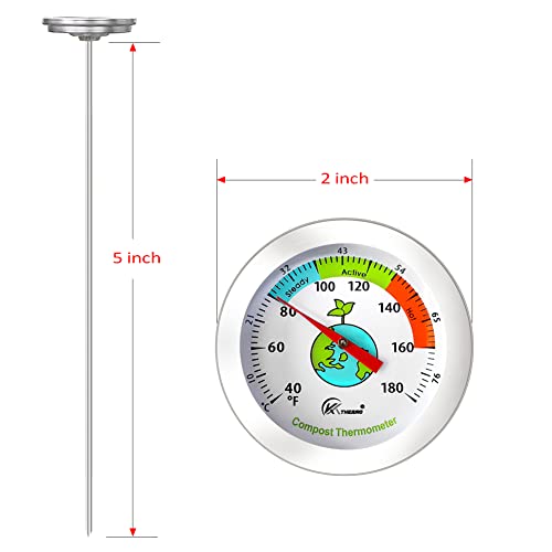Compost Thermometer, Backyard Compost Thermometer 5" Stem Long, 2 Inch Dial Soil Thermometer, Easy Reading & Accurate, Sturdy Stainless Steel, with Composting Temperature Guide, 40-180 Degrees F