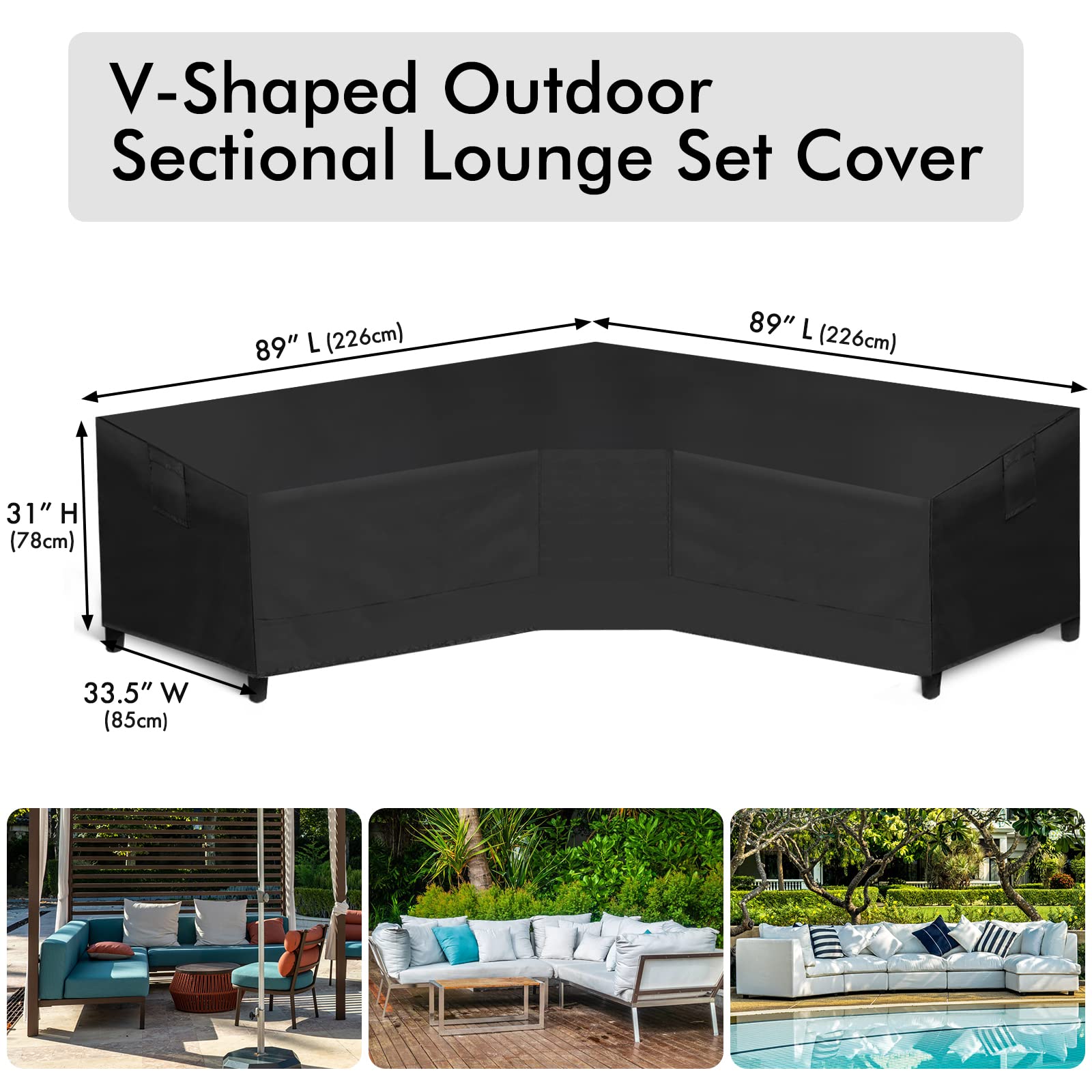 WLEAFJ Patio V-Shaped Sectional Sofa Cover Waterproof, Heavy Duty Outdoor Sectional Couch Cover, Lawn Patio Furniture Cover with Air Vent 89" L (on Each Side) x 33.5" D x 31" H, Black