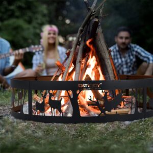 DORTALA 36’’ Metal Fire Pit Ring, Thick Metal Deer Fire Ring with Extra Poker,Wood Burning Campfire Ring with Pattern, Heavy Duty Round Bonfire Liner for Camping Beach Backyard