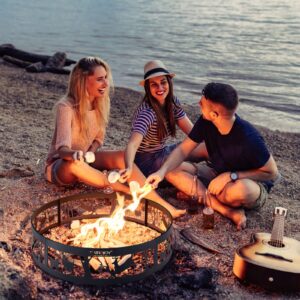 DORTALA 36’’ Metal Fire Pit Ring, Thick Metal Deer Fire Ring with Extra Poker,Wood Burning Campfire Ring with Pattern, Heavy Duty Round Bonfire Liner for Camping Beach Backyard