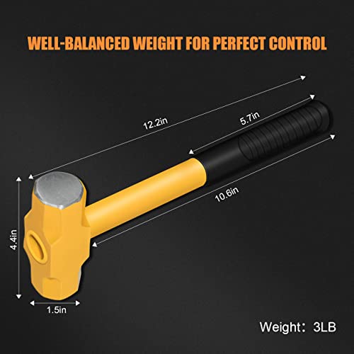 ZUZUAN Sure Strike Drilling/Crack Hammer - 3-Pound Sledge with Hollow Shock Absorbing & No-Slip Cushion Grip