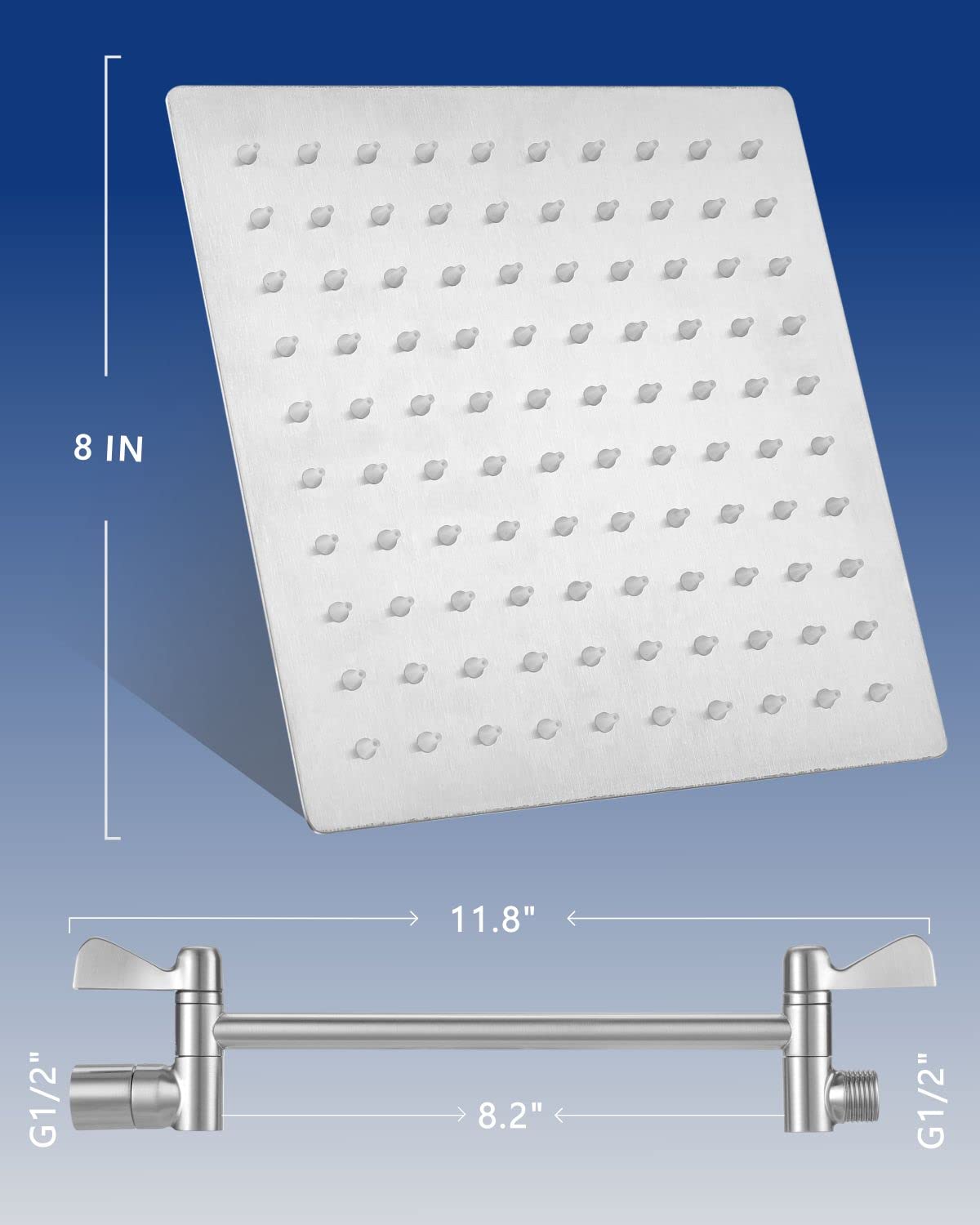 12'' Rain Shower Head with 11'' Adjustable Extension Arm - Eolax Large Rainfall Showerhead Solve Low Water Pressure and Flow - Bathroom Square Shower Heads Made of 304 Stainless Steel - Chrome