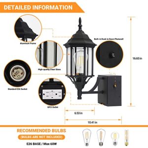 Dusk to Dawn Sensor Outdoor Wall Lantern with Built-in GFCI Outlet, Black Porch Lights Outdoor Wall, Anti-Rust Exterior Light Fixture, Waterproof Outside Wall Sconce Lighting for Garage Front Door