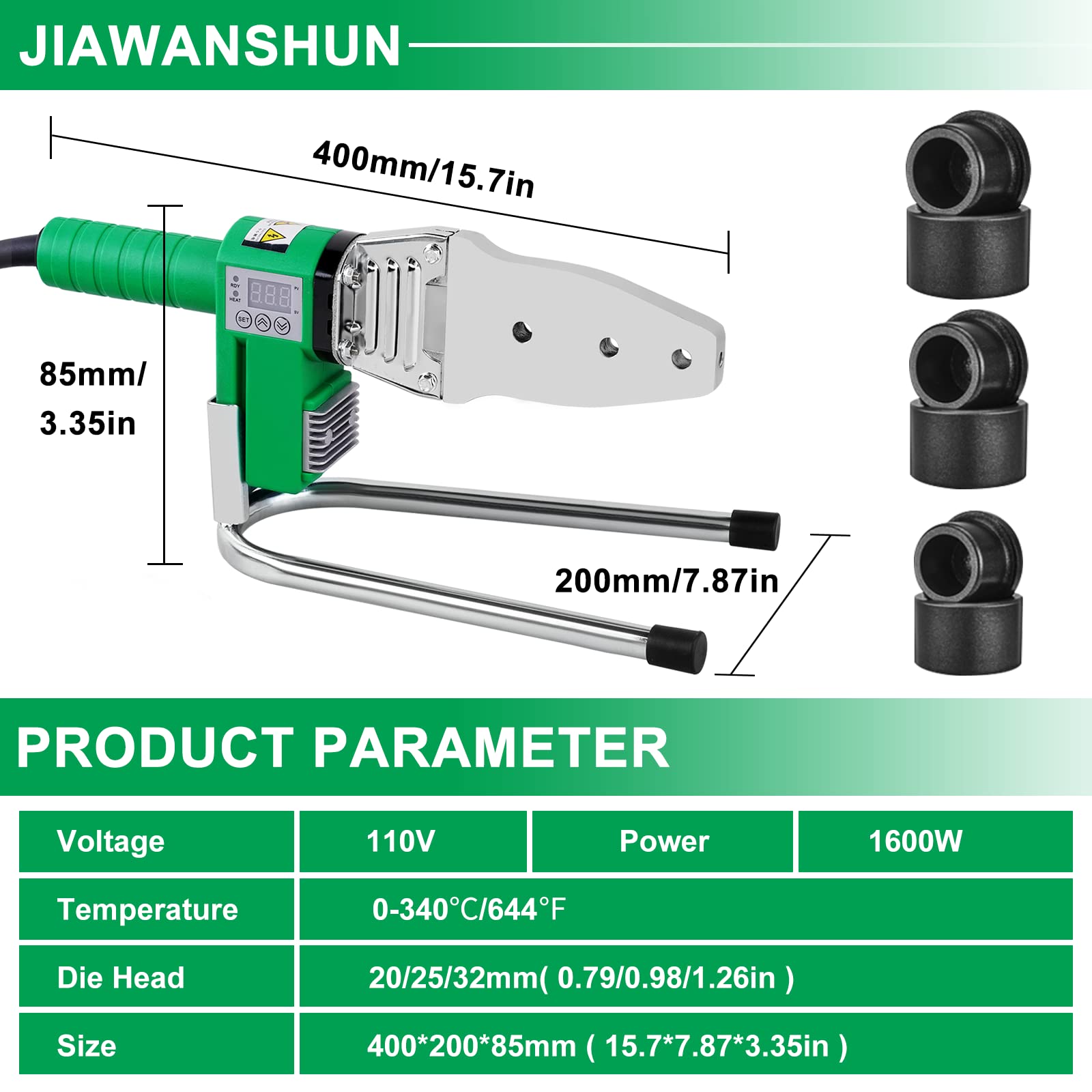 JIAWANSHUN Plastic Water Pipe Welder 110V Plastic pipe welding tool PP/PP-R/PE/PP-C Pipe Welding Machine with 0.79/0.98/1.30in Die Head (M32)