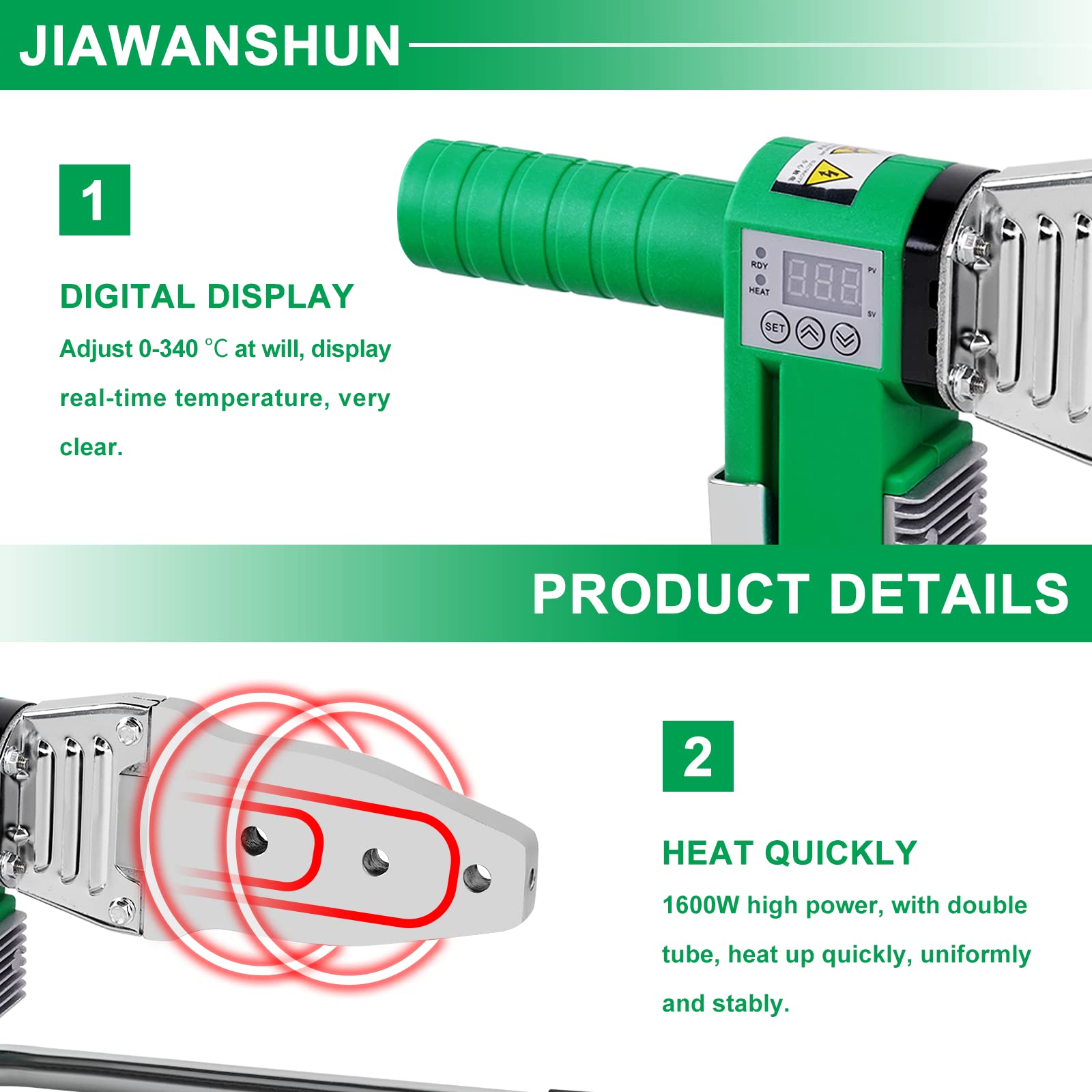 JIAWANSHUN Plastic Water Pipe Welder 110V Plastic pipe welding tool PP/PP-R/PE/PP-C Pipe Welding Machine with 0.79/0.98/1.30in Die Head (M32)