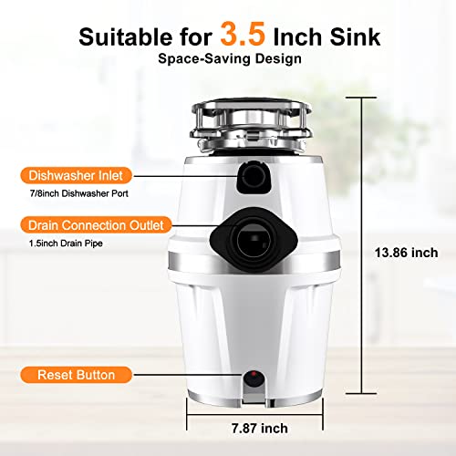 HISSUN Garbage Disposal, 3/4 HP Continuous Feed Kitchen Garbage Disposer with Power Cord, Household Food Waste Disposer with Super Quiet Motor & Flange Included - White