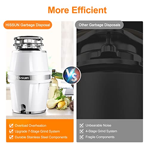 HISSUN Garbage Disposal, 3/4 HP Continuous Feed Kitchen Garbage Disposer with Power Cord, Household Food Waste Disposer with Super Quiet Motor & Flange Included - White