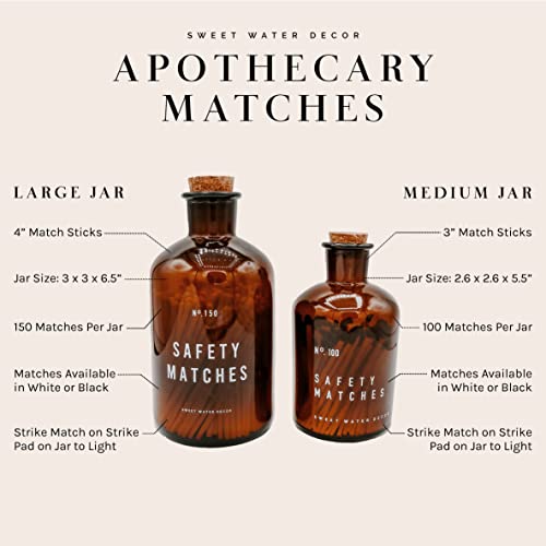 Sweet Water Decor 3" Safety Matches in Medium Amber Apothecary Bottle | Rustic Jar of Approx. 100 Decorative Matchsticks with Strike Pad | Cute Candle Accessory Match Holder with Colored Tips (Black)