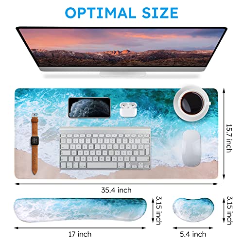 iCasso Keyboard Mouse Pad Set,Extended Gaming Mouse Pad + Keyboard Wrist Rest Support, Memory Foam, Easy Typing Pain Relief, 3Pcs (35.4×15.7 in) Large Ultra Thick Mousepad Desk Mat (Beach)
