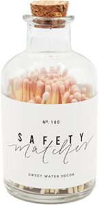 sweet water decor 3" safety matches in medium apothecary bottle | rustic jar of approx. 100 decorative matchsticks with strike pad | cute candle accessory match holder with colored tips (blush)