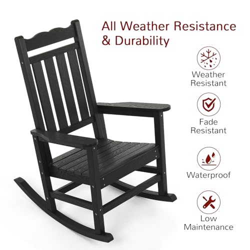Stoog All-Weather Patio Rocking Chair with 400 lbs Weight Capacity, Oversized Porch Rocker Chair, for Backyard, Fire Pit, Lawn, Garden, Outdoor and Indoor, Black