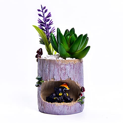 Desktop cute cartoon 3 little black bear resin fleshy flower pot with tray bonsai cactus flower pot vase holder decoration with drain holeLittle black bear