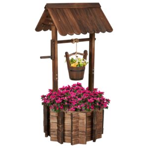 amerlife wooden wishing well - height adjustable hanging bucket, wishing well planter with reinforced rod outdoor home decor, flower planter for front yard ornaments