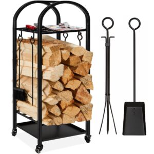 best choice products large firewood log rack, xl 4ft 3 tier wrought iron firewood rack with tools wheels, indoor outdoor wood storage w/ 4 piece tool set, locking casters