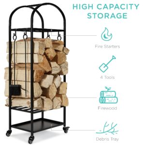 Best Choice Products Large Firewood Log Rack, XL 4ft 3 Tier Wrought Iron Firewood Rack with Tools Wheels, Indoor Outdoor Wood Storage w/ 4 Piece Tool Set, Locking Casters