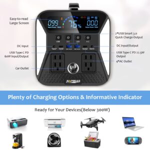 AMPROAD Epic 300 Portable Power Station 300W, 300Wh Backup Power Supply with 4*LED Lights and AC/DC/QC USB Ports, Solar Generator for Home Use, Camping, RV, and CPAP(Without Solar Panel)