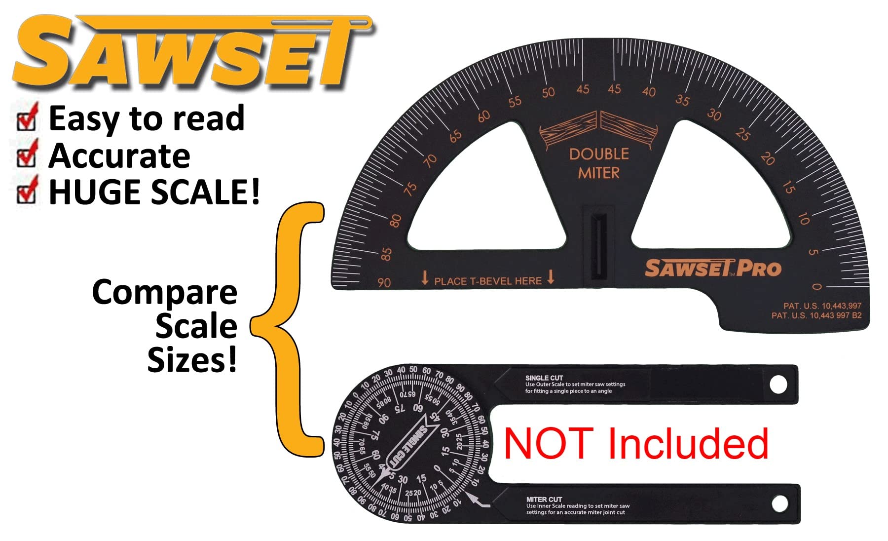 Sawset Miter Saw Protractor SAWSET PRO. Patented No Math Scales. Large Scales are The Key to Accuracy. In Size Matters! In ABS Plastic.