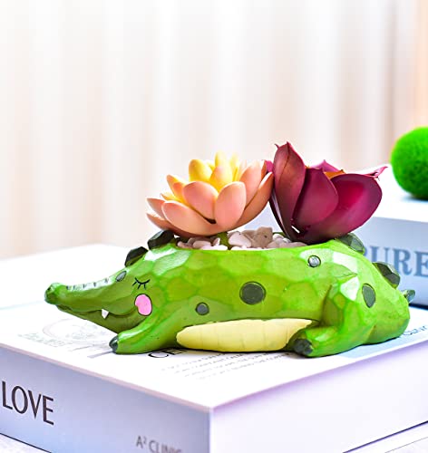 Cute Cartoon Crocodile Flower Pot with Drainer Garden Flower Pot Resin Succulent Potted Bonsai Plant Stand Home Desk Mini Ornaments Christmas Birthday Gifts