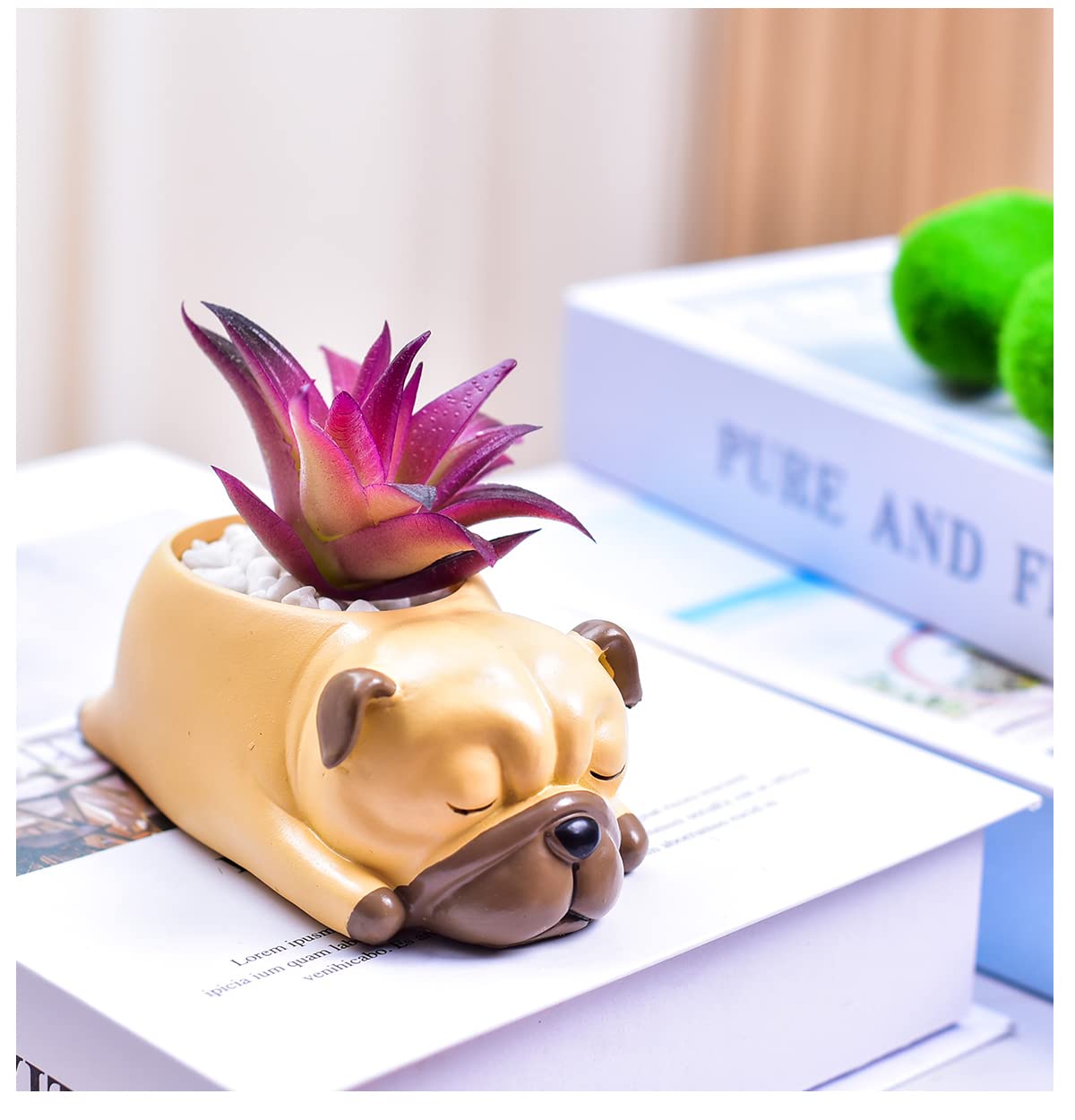 Cute Puppy Pug Flower Pot with Drainer Garden Flower Pot Resin Succulent Potted Bonsai Plant Stand Home Desk Mini Ornaments Balcony Gardening Flower Pot Does Not Contain Plants