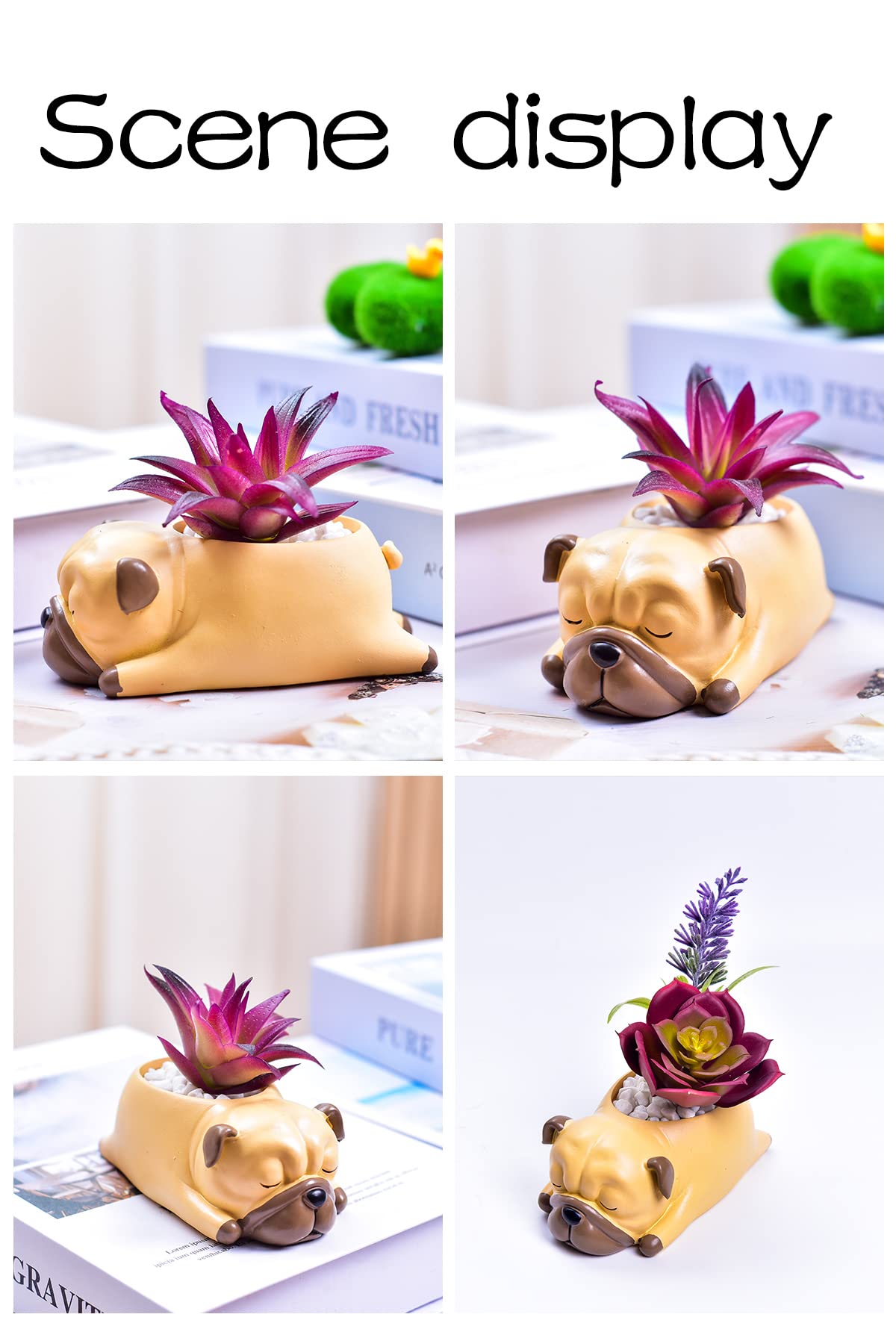 Cute Puppy Pug Flower Pot with Drainer Garden Flower Pot Resin Succulent Potted Bonsai Plant Stand Home Desk Mini Ornaments Balcony Gardening Flower Pot Does Not Contain Plants