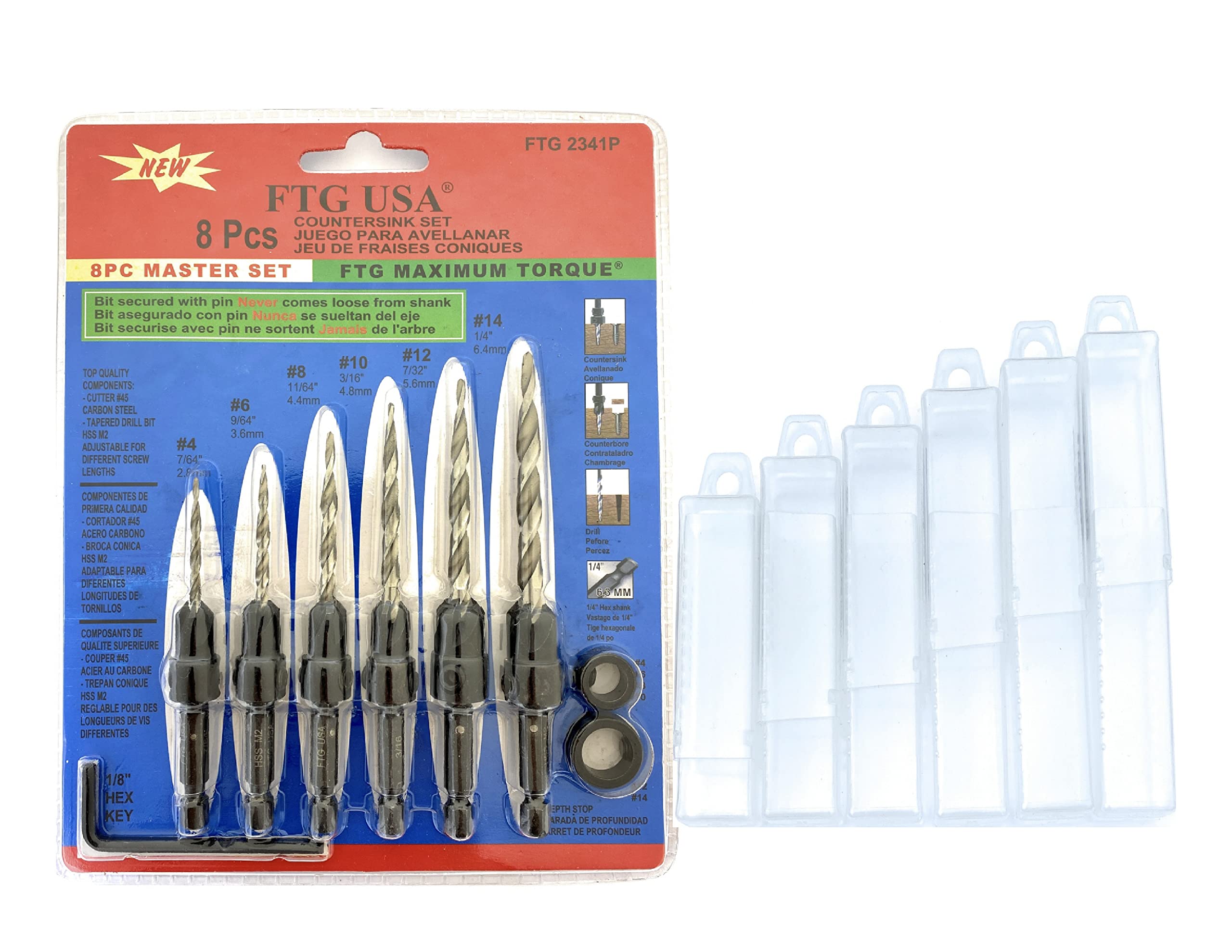 FTG USA Wood Countersink Drill Bit Set 6 Sizes Set with 6 Storage Containers for Countersink HSS M2 Tapered Drill Bits, Quick Change Hex Shank Countersink bit, 2 Stop Collar, 1 Allen Wrench