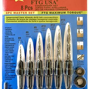 FTG USA Wood Countersink Drill Bit Set 6 Sizes Set Countersink HSS M2 Tapered Drill Bits, Quick Change Hex Shank Countersink bit, with 6 Storage Containers, 2 Stop Collars, 1 Allen Wrench