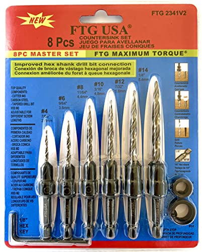 FTG USA Wood Countersink Drill Bit Set 6 Sizes Set Countersink HSS M2 Tapered Drill Bits, Quick Change Hex Shank Countersink bit, with 6 Storage Containers, 2 Stop Collars, 1 Allen Wrench