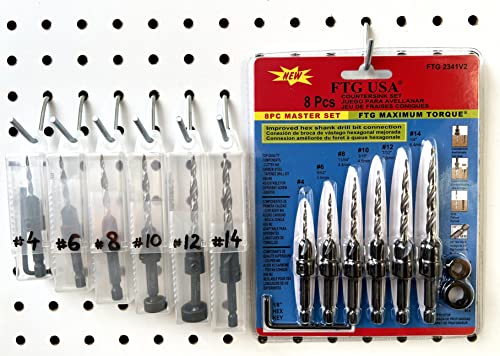 FTG USA Wood Countersink Drill Bit Set 6 Sizes Set Countersink HSS M2 Tapered Drill Bits, Quick Change Hex Shank Countersink bit, with 6 Storage Containers, 2 Stop Collars, 1 Allen Wrench