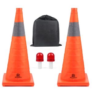 roadhero 28 inch [2 pack] collapsible traffic safety cones, multi purpose pop-up cones with reflective collar for road safety, orange cones with led light for driving training, parking lots