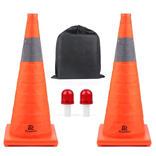 RoadHero 28 Inch [2 Pack] Collapsible Traffic Safety Cones, Multi Purpose Pop-up Cones with Reflective Collar for Road Safety, Orange Cones with LED Light for Driving Training, Parking Lots