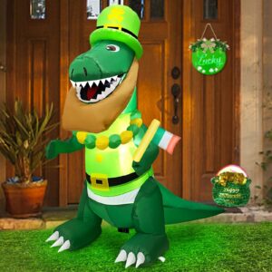 turnmeon 4ft dinosaur st. patrick's day inflatables decorations outdoor blow up dinosaur hold irish flag wear necklace shamrocks hat led lights st patricks day decor indoor home yard garden lawn party