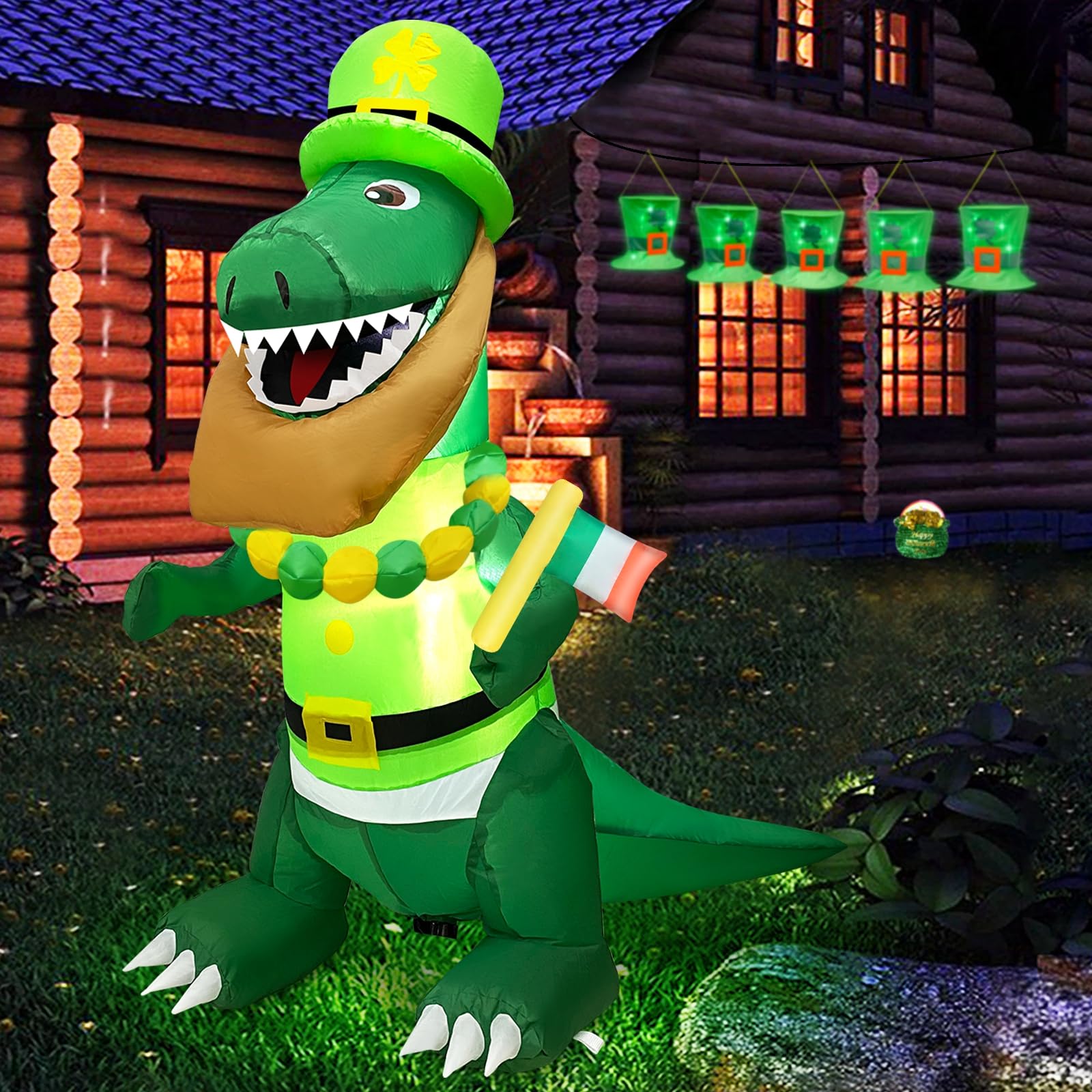 TURNMEON 4FT Dinosaur St. Patrick's Day Inflatables Decorations Outdoor Blow Up Dinosaur Hold Irish Flag Wear Necklace Shamrocks Hat LED Lights St Patricks Day Decor Indoor Home Yard Garden Lawn Party