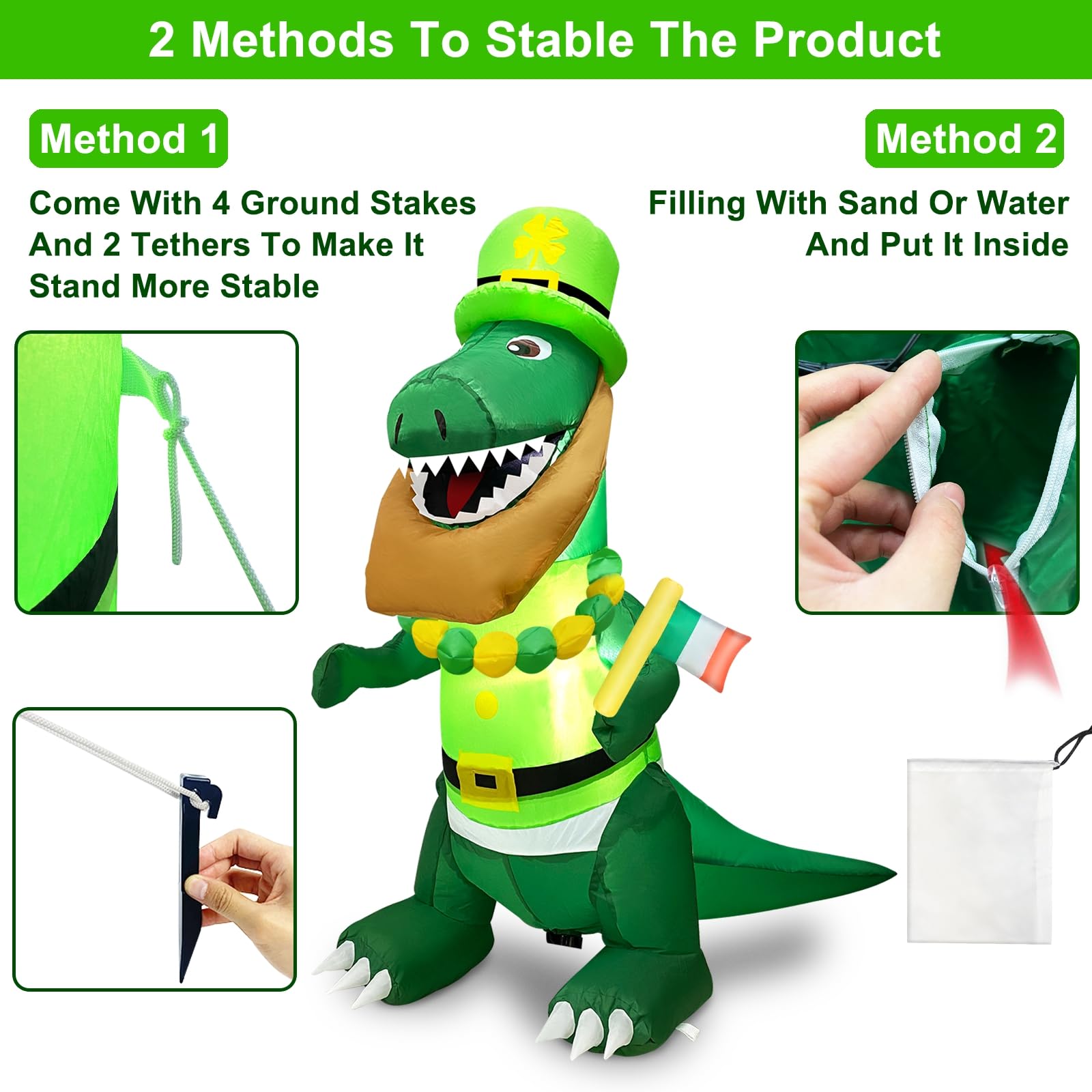 TURNMEON 4FT Dinosaur St. Patrick's Day Inflatables Decorations Outdoor Blow Up Dinosaur Hold Irish Flag Wear Necklace Shamrocks Hat LED Lights St Patricks Day Decor Indoor Home Yard Garden Lawn Party