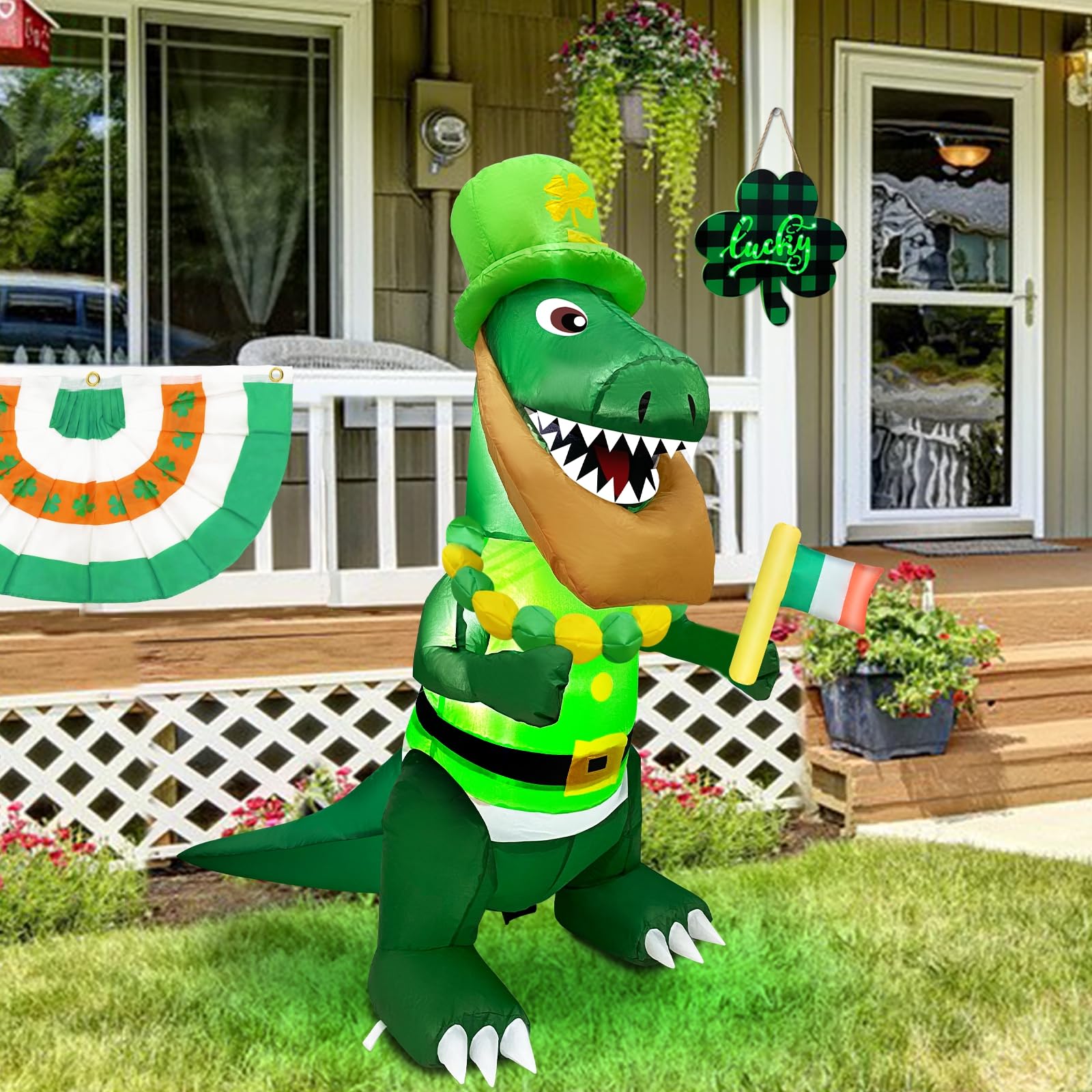 TURNMEON 4FT Dinosaur St. Patrick's Day Inflatables Decorations Outdoor Blow Up Dinosaur Hold Irish Flag Wear Necklace Shamrocks Hat LED Lights St Patricks Day Decor Indoor Home Yard Garden Lawn Party