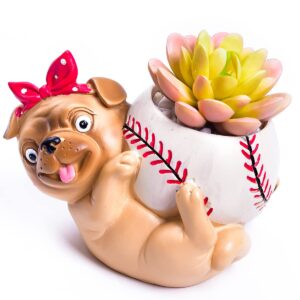 Cute Puppy Play Baseball Flowerpot with Drainer Garden Flowerpot Resin Succulent Potted Bonsai Plant Stand Home Desk Mini Ornaments Without PlantsWang Xingren Stadium Flower Pot Baseball