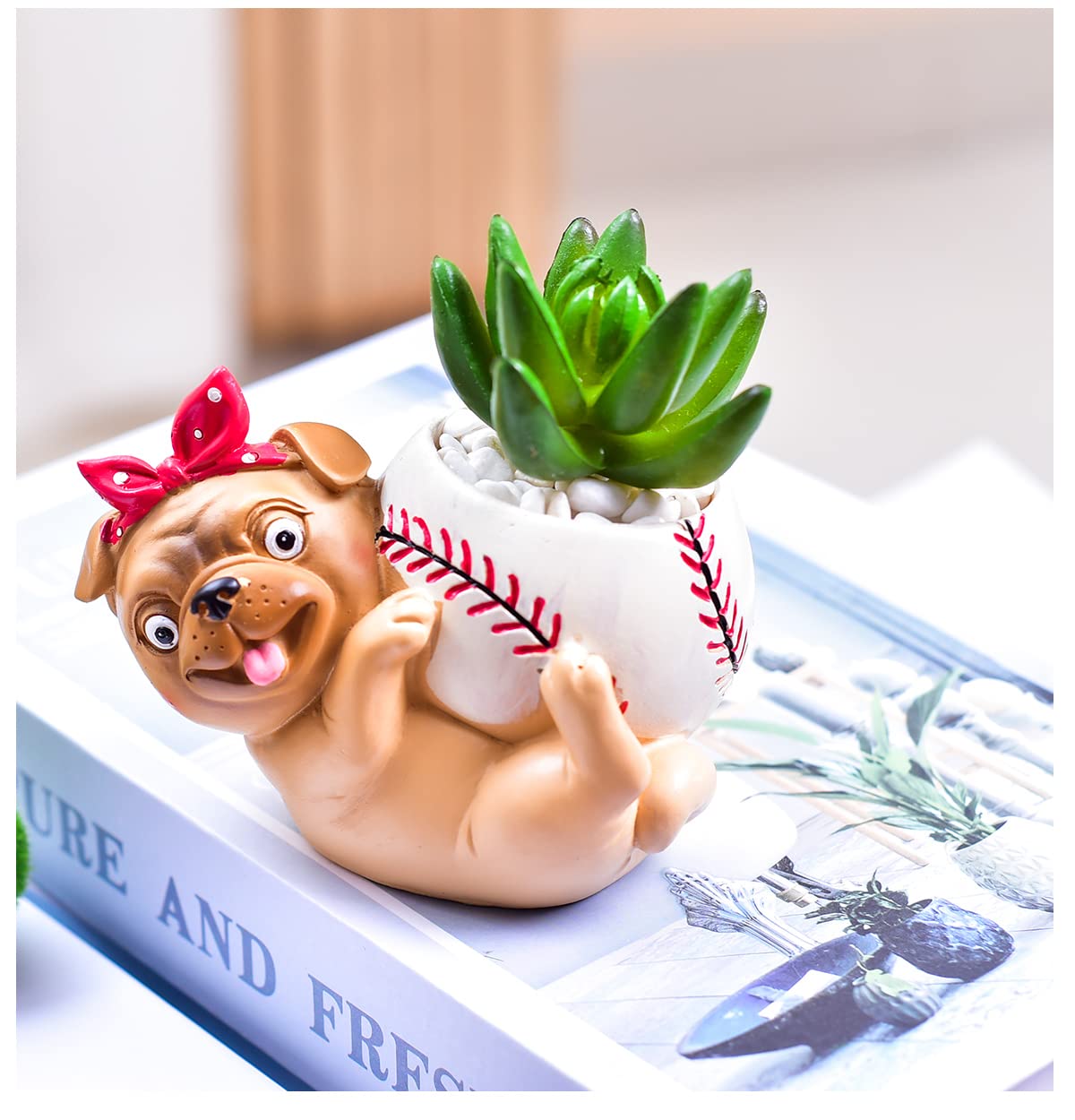 Cute Puppy Play Baseball Flowerpot with Drainer Garden Flowerpot Resin Succulent Potted Bonsai Plant Stand Home Desk Mini Ornaments Without PlantsWang Xingren Stadium Flower Pot Baseball