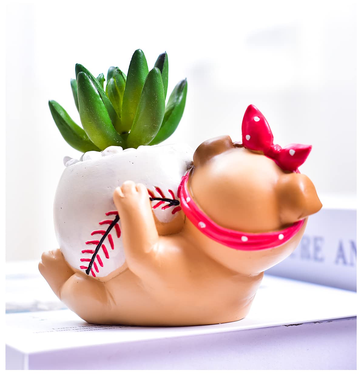 Cute Puppy Play Baseball Flowerpot with Drainer Garden Flowerpot Resin Succulent Potted Bonsai Plant Stand Home Desk Mini Ornaments Without PlantsWang Xingren Stadium Flower Pot Baseball