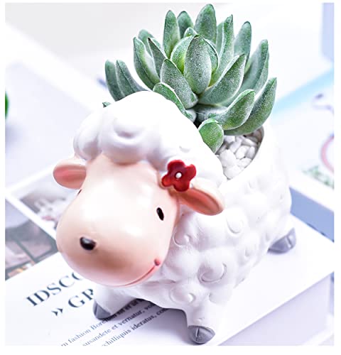 Cute Animal Sheep Small Flower Pot with Drainer Garden Flower Pot Resin Succulent Potted Bonsai Plant Stand Home Desk Mini Ornaments Without Plants