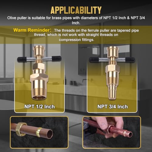 Olive Puller Not Damage The Pipe Olive Remover Ferrule Puller Corrosion-Resistant Compression Ring Removal Tool Suitable for Brass Pipes with Diameters of NPT 1/2" & NPT 3/4" Ferrule Removal Tool