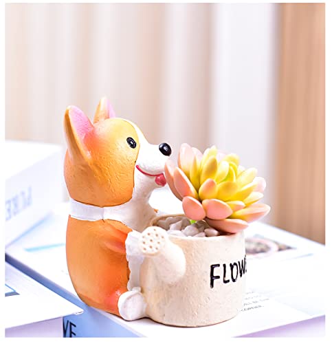 Cute Animal Small Corgi Teacup Shape Flower Pot with Drainer Garden Flower Pot Resin Succulent Potted Bonsai Plant Stand Home Desk Mini Ornaments Without Plants